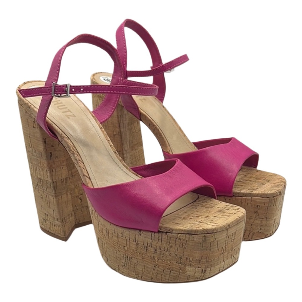 SCHUTZ Sz‎ 9 1/2 GLAYCE NAPPA LEATHER SANDAL Pink Tan Platform Chunky Heel NEW